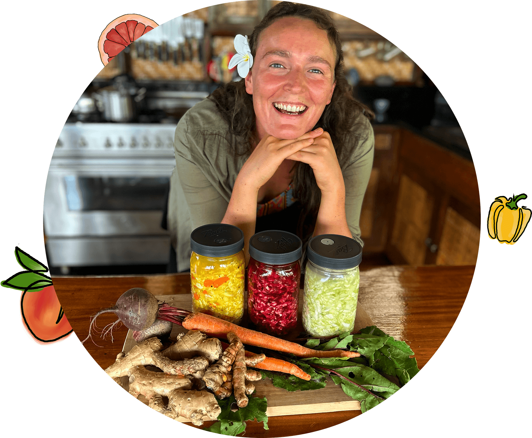 Woman smiling with jars of colorful vegetables.