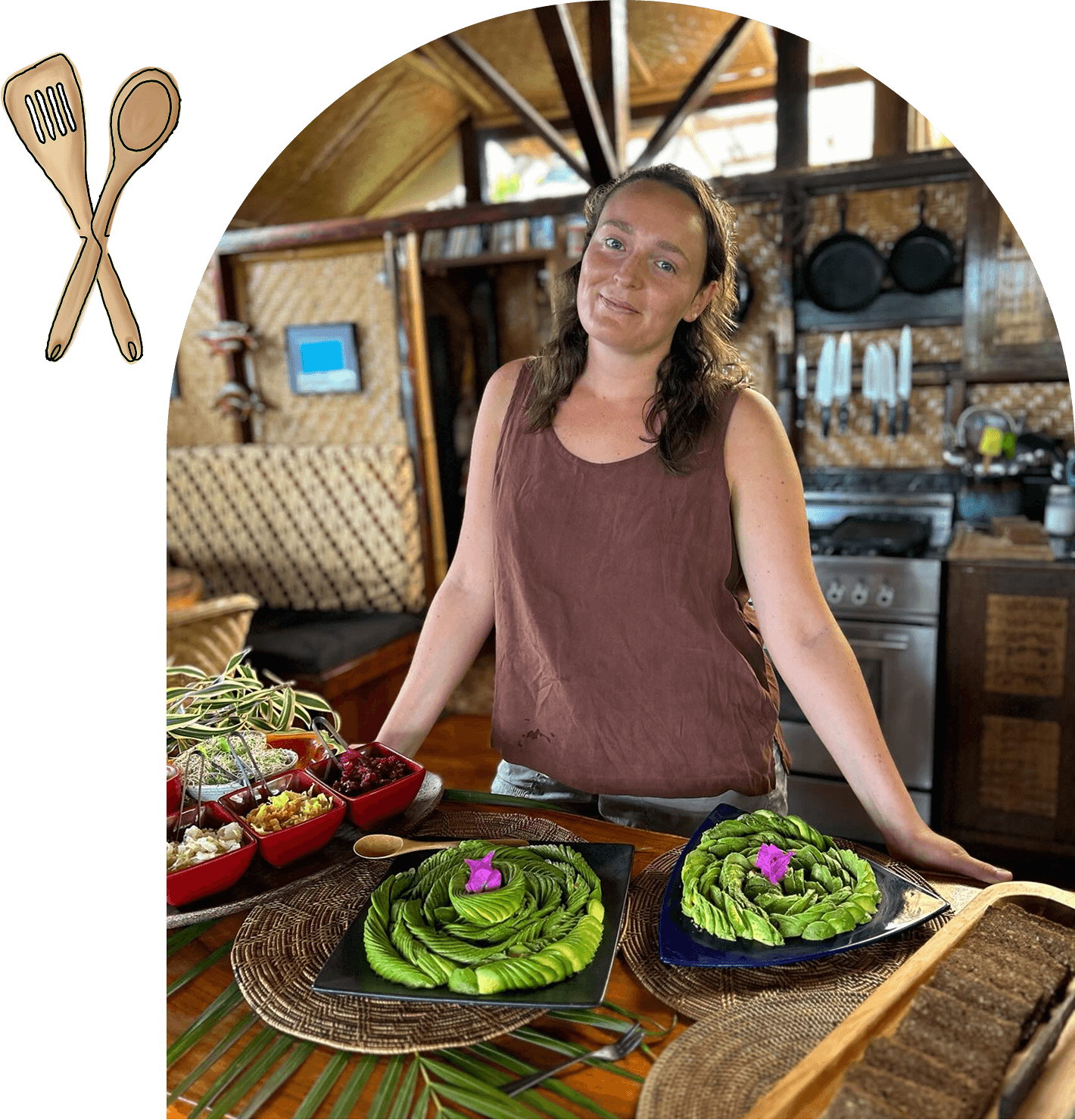 Woman presenting dishes in rustic kitchen.