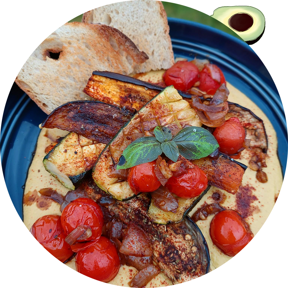 Grilled vegetables with cherry tomatoes and bread.