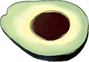 Half avocado with seed illustration.