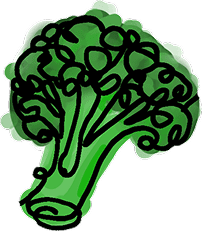 Illustrated green broccoli on black background.