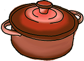 Red cooking pot with lid and handles.