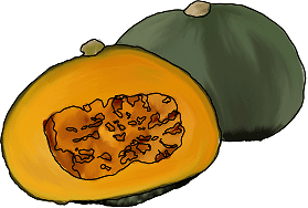 Illustration of sliced green and orange pumpkin.