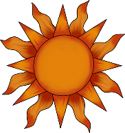 Orange sun with stylized flames.